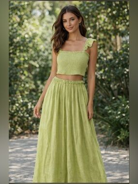 HYFVE Sage Green Smocked Crop Top & Maxi Skirt Set Boho Size L